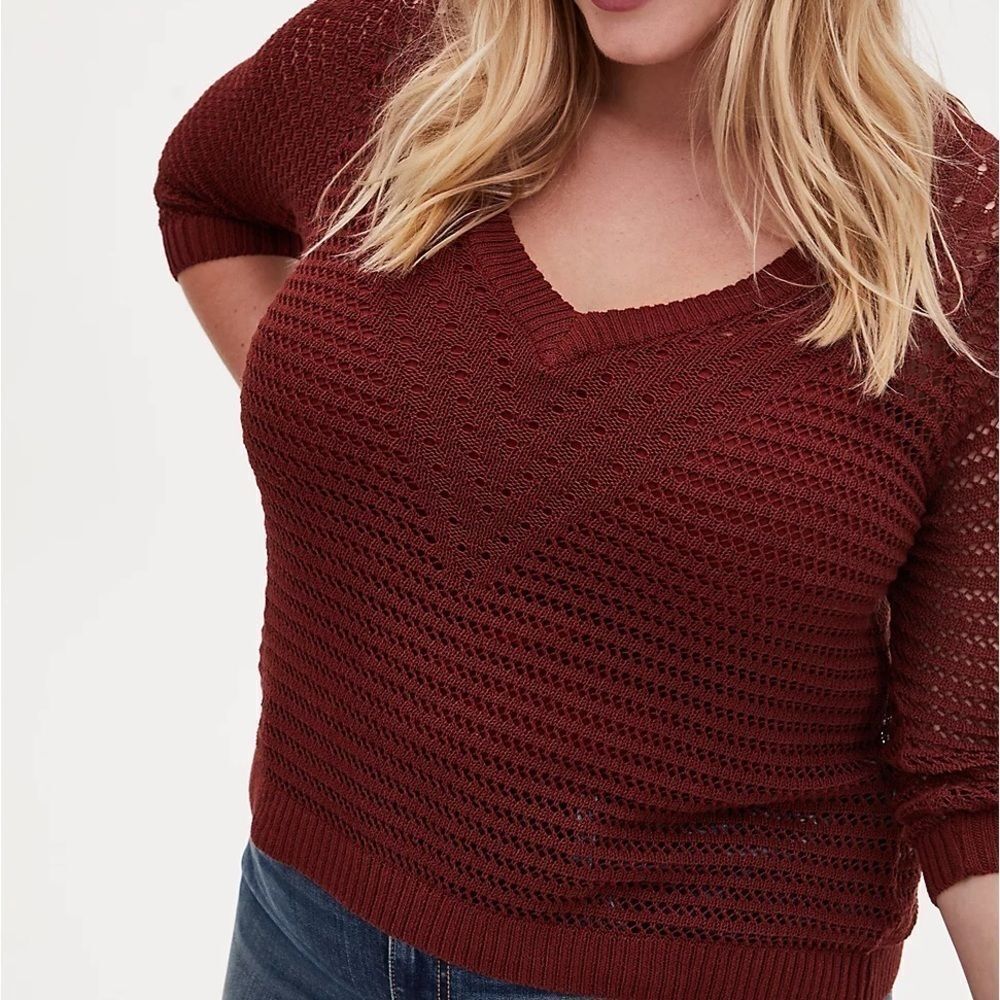 Torrid Rust Red Open Stitch & Pointelle V-Neck Cr… - image 6